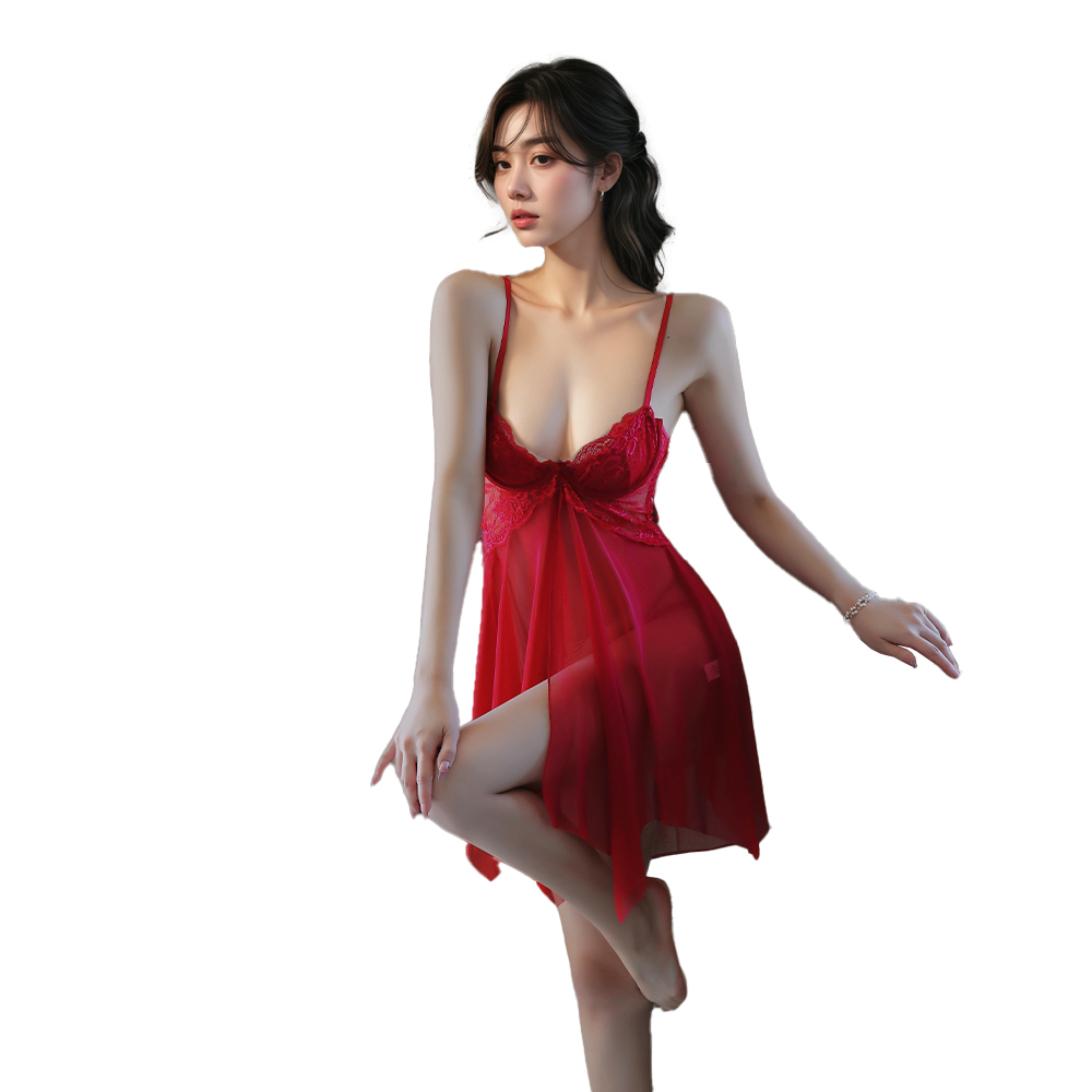 1222白底图 Red Sexy Camisole Nightdress & Thong Set - Image 1
