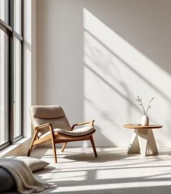 Soft neutral bedroom with natural daylight and calm atmosphere